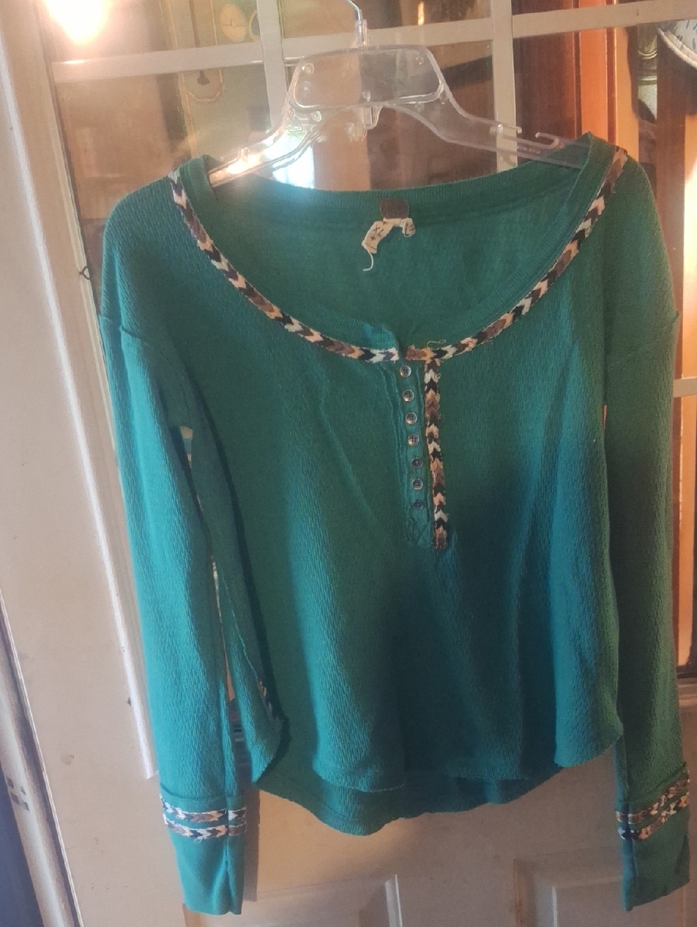 We The Free Teal Long-Sleeve Henley with Pattern Trim